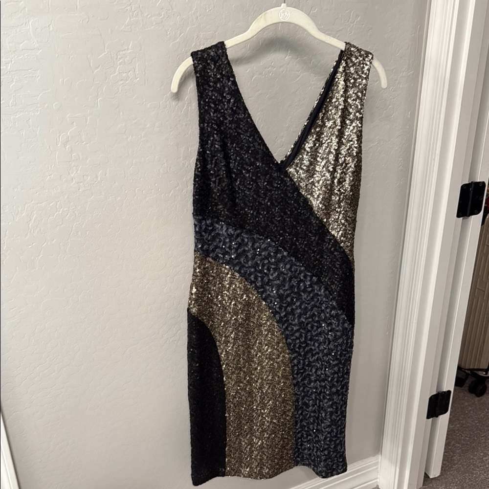 Ann Taylor Black and Gold Asymmetrical Sequin Dress